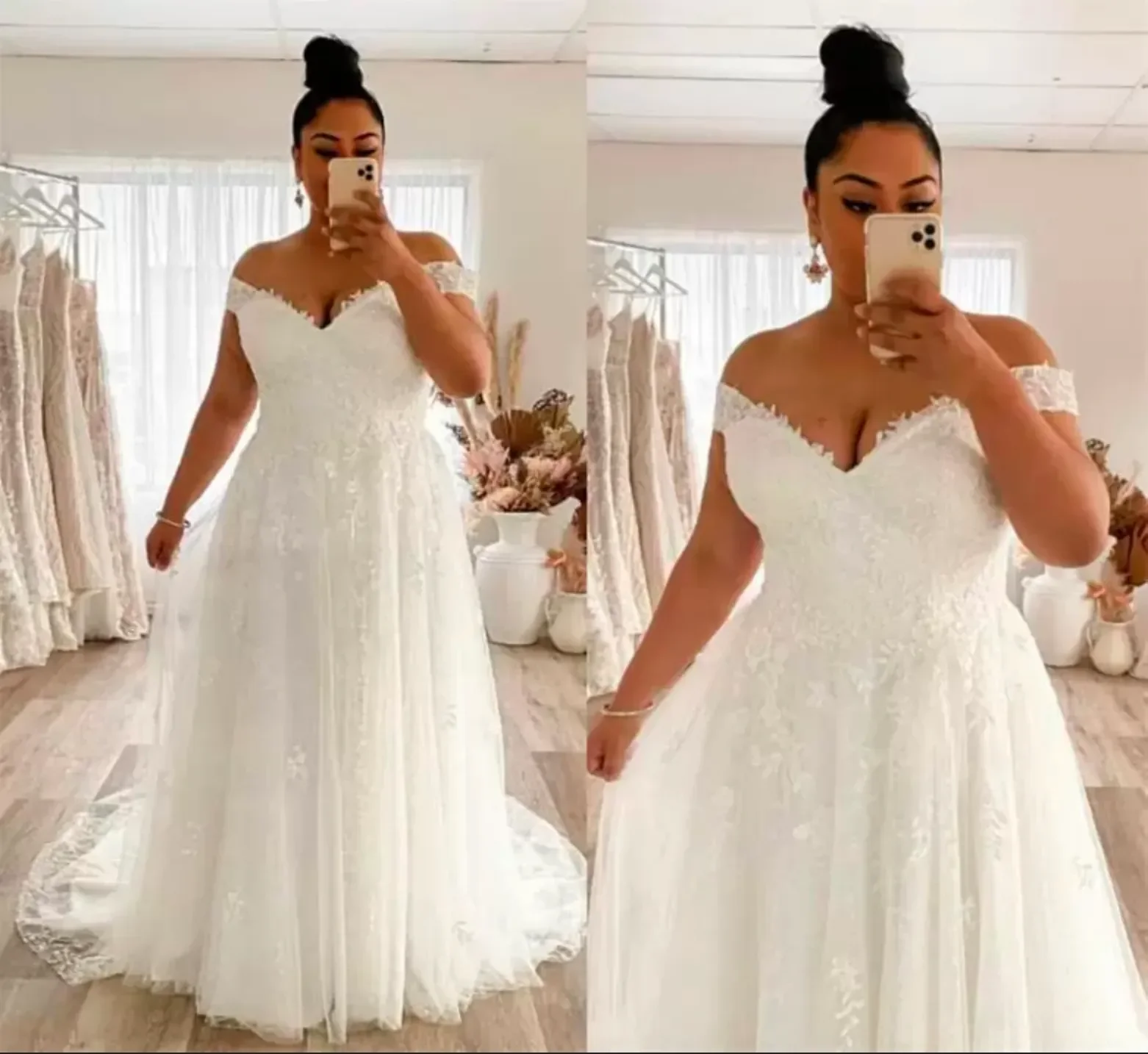 

Plus Size Wedding Dress A Line Off The Shoulder Lace Big Bridal Gowns Appliques Zip Back Gorgeous Lady Marriage Dresses