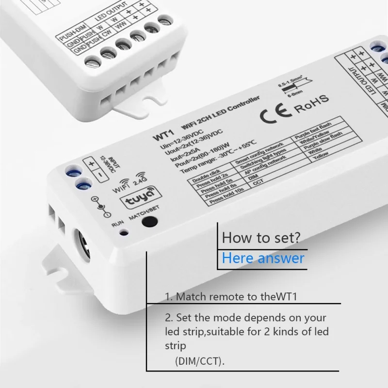 Tuya WiFi 2CH LED Controller WT1 DC 12-36V 2.4G Wireless Smart Wifi RF telecomando per WW/CW/CCT LED Strip Light Alexa Google