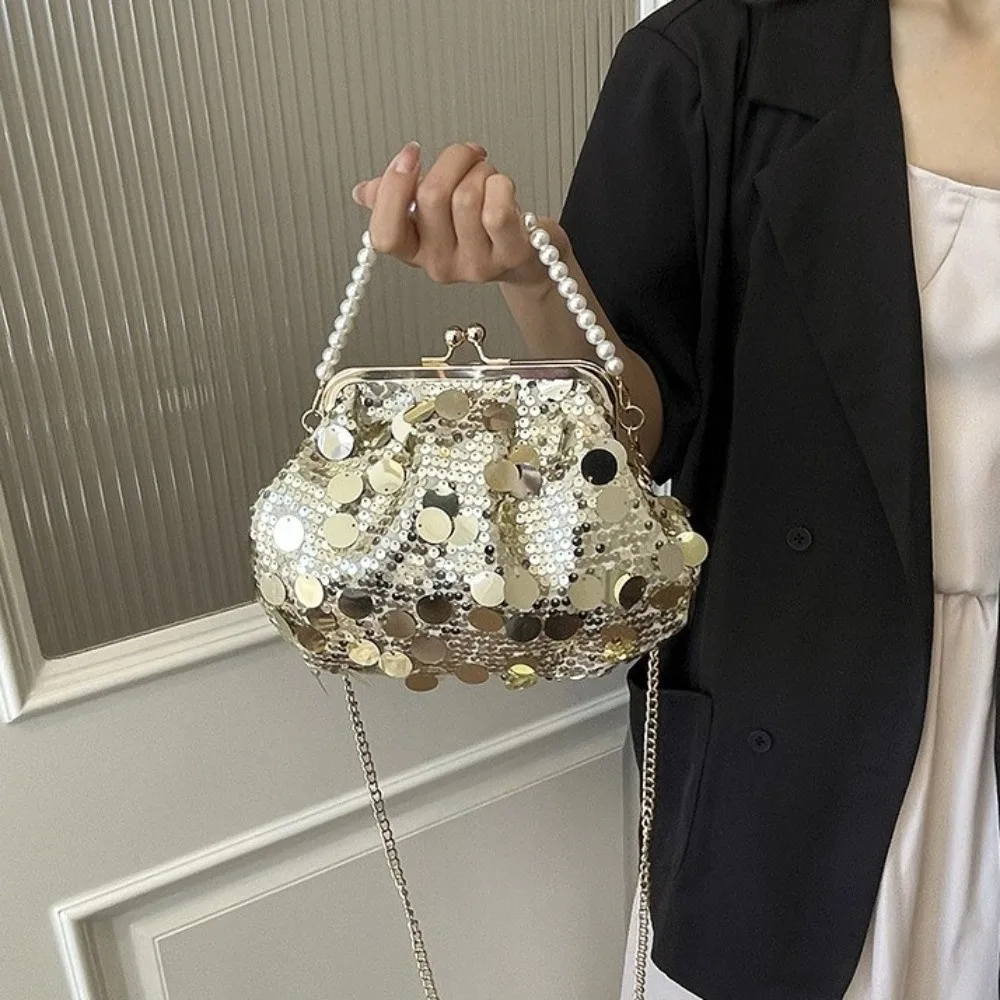 Shiny Evening Banquet Bag Glitter Large Capacity Chain Crossbody Bag Lock Buckle with Round Handle Sequin Shoulder Bag Wedding