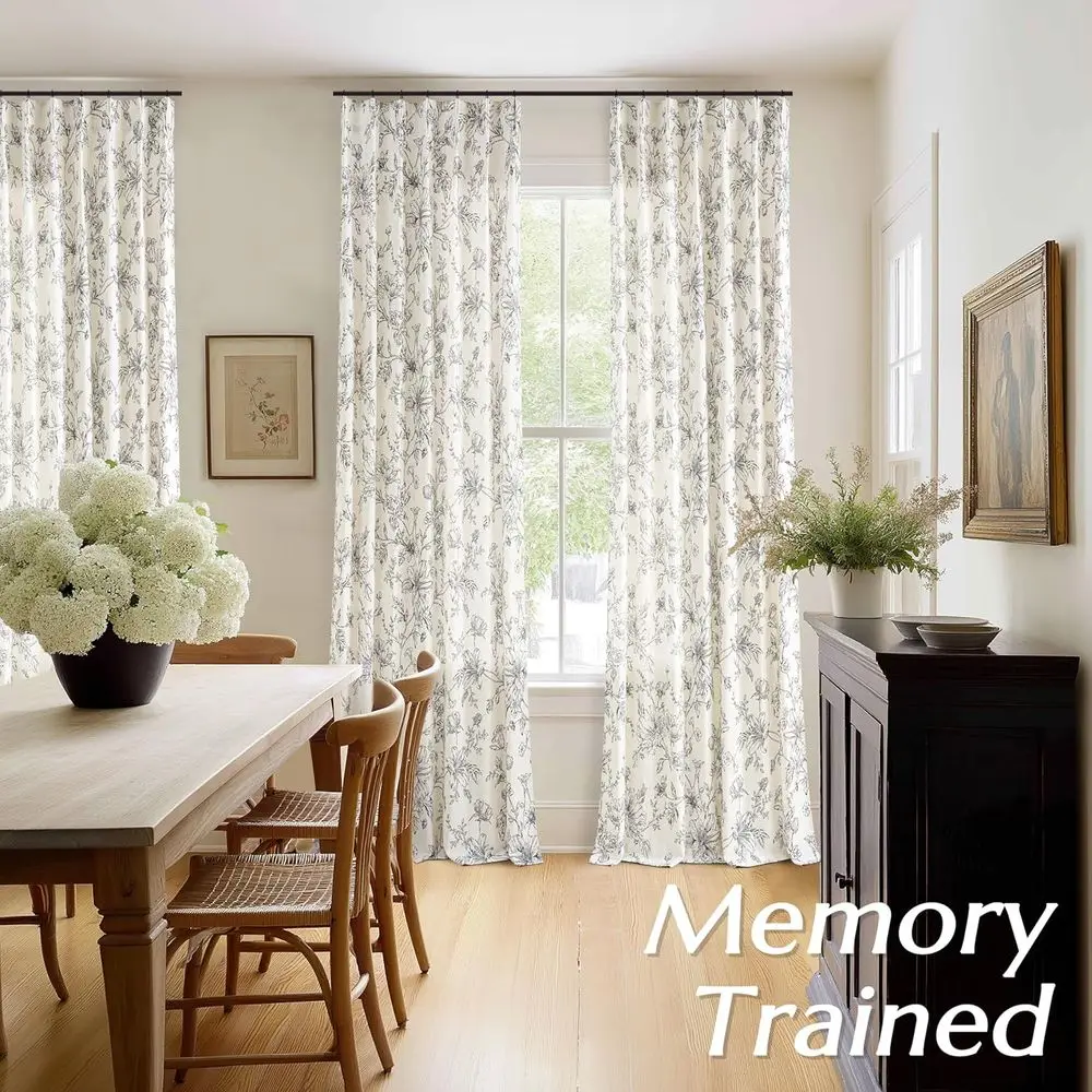 Zasłony lniane w stylu vintage z kwiatowym wzorem z lat 90., z zakładkami typu pinch pleat, do salonu i sypialni, czarny wzór kwiatowy.