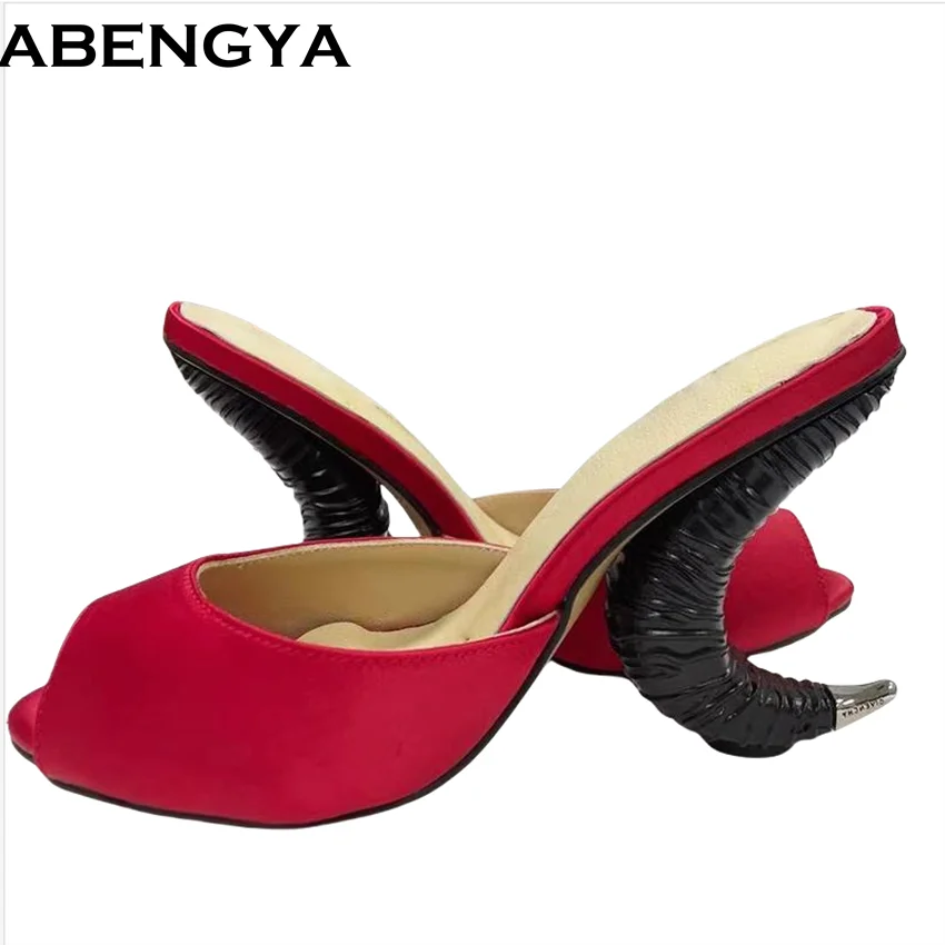 

Summer Peep Toe Slides Strange ox horn Heels Slippers Women Satin High Heel Party Shoes Woman Gladiator Sandals Wome's Slippers