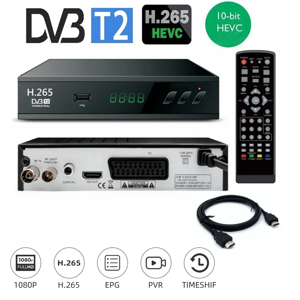 DVB T2 HEVC 265 Sintonizador de TV digital DVB-T2 H.265 1080P HD Decodificador USB Receptor de TV terrestre Enchufe de la UE