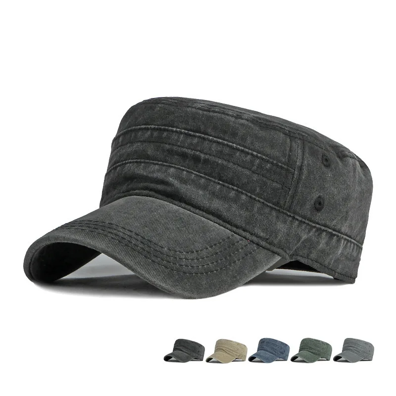 Gorra Militar de Ala Corta para Primavera/Verano, Unisex, Estilo Retro, de Algodón Lavado, para Cabeza Grande, Protección Solar, Gorra Plana, Gorra de Pesca