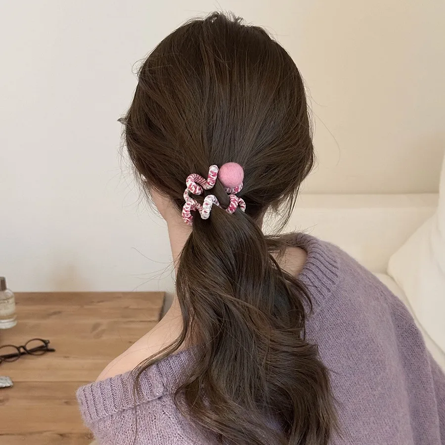 Colorful Telephone Wire Elastic Rubber Bands Wool Spiral Hair Ties Ropes Women Girls Plush Ball Ponytail Holder Hair Accessories