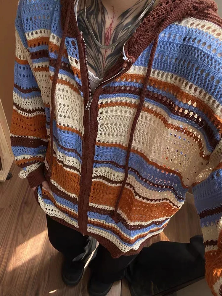 

American Retro Hollow Knitted Cardigan Men's Summer Trendy Color Blo Hoodie Couple Sun Protection Coat Outerwear