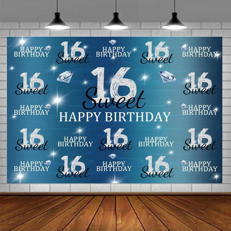 Photography Backdrops Glitter Diamonds Blue Sweet Girls Happy 16th Birthday Party Decor Background Sixteen Photo Studio Banner