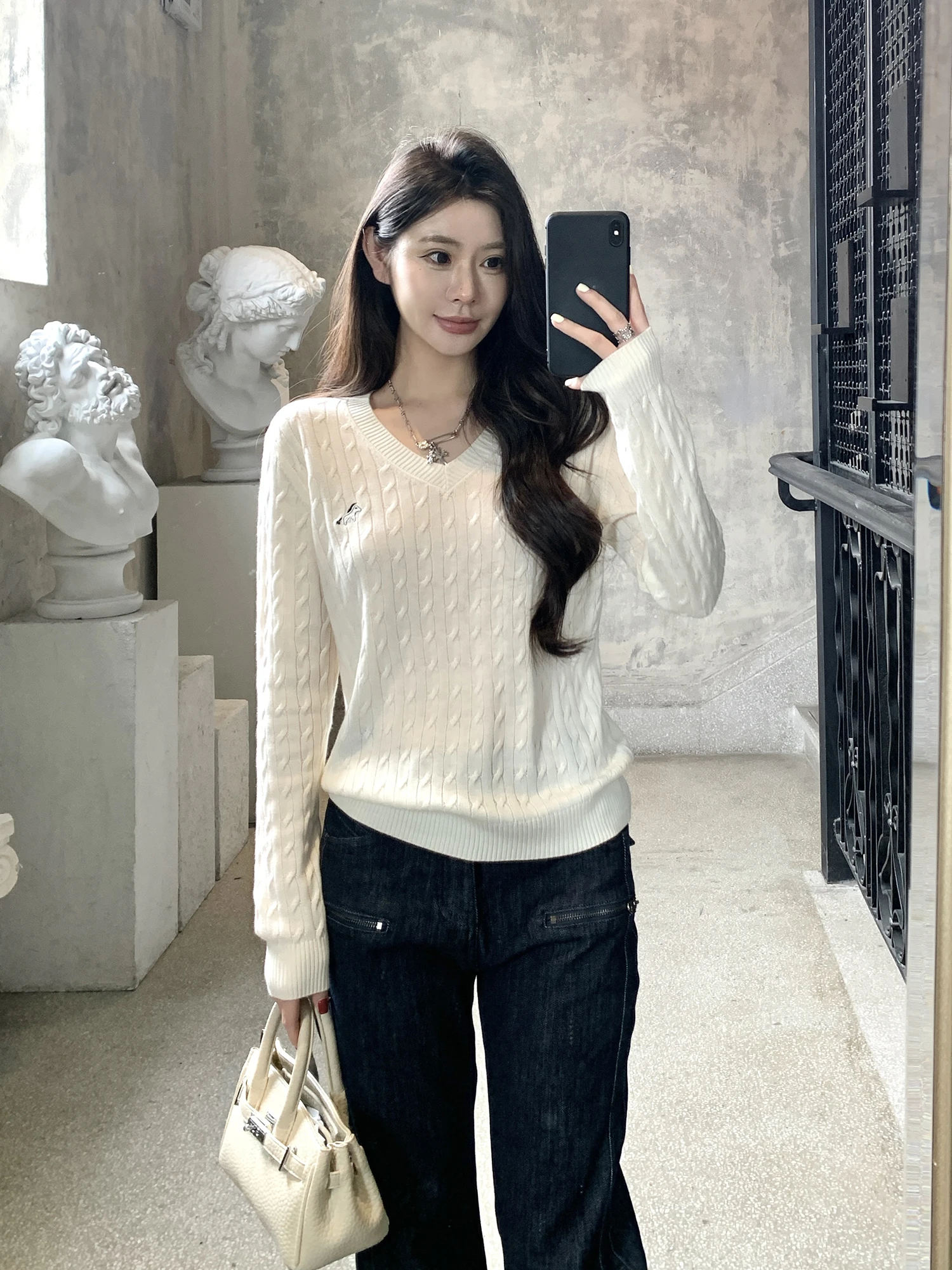 

ay V-Ne Twist Wool Long Sve Knitted Sweater Spring Casual Wear Outerwear Inner Match Loose Fit Women's Faion