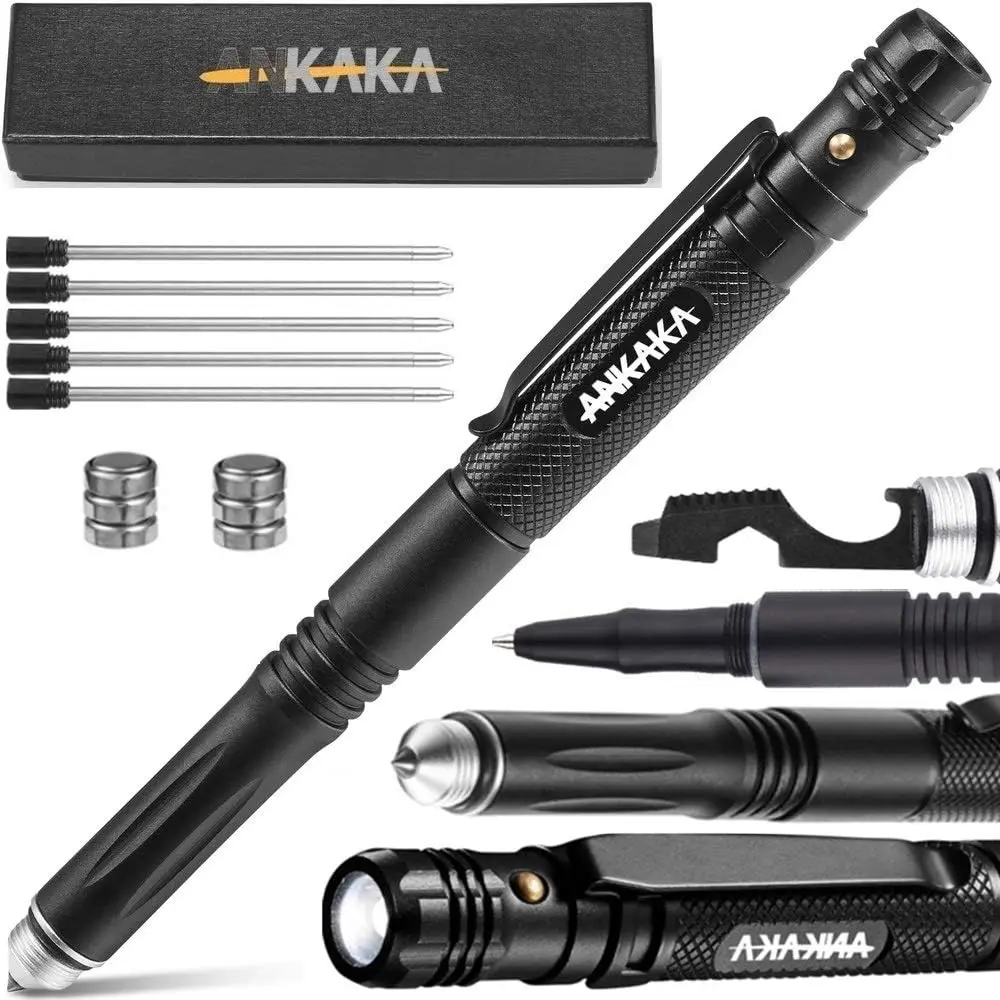 

6-in-1 Tactical Pen: Self-Defense Tip, Flashlight, Ballpoint, Bottle Opener, Screwdriver, Hex Wrench, 5 Ink Refills + 6 Batteries + Gift Box