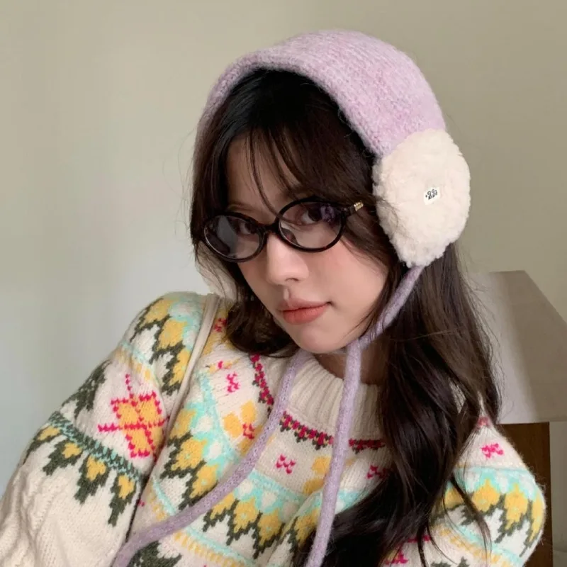 甘いアカデミックスタイルのニットイヤーマフ、シンプルなパッチワークのラムファー、女性用の暖かいイヤーカバー、結ぶタイプの防風イヤーウォーマー