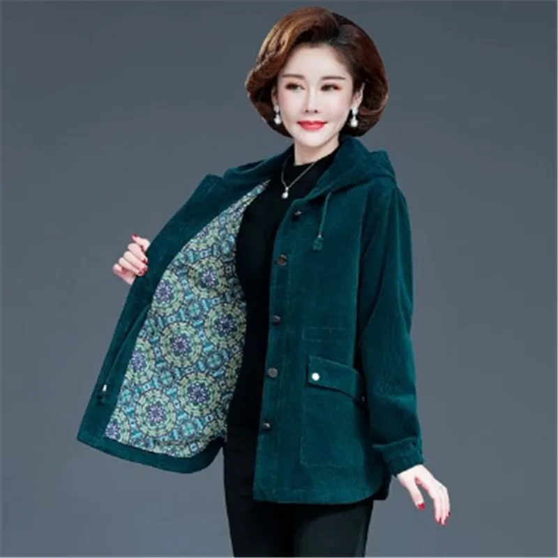 Spring Autumn Corduroy Windbreaker Jacket Women 2023 New Loose Hooded Trench Coat Pure Colour Single-Breasted Outerwear Female