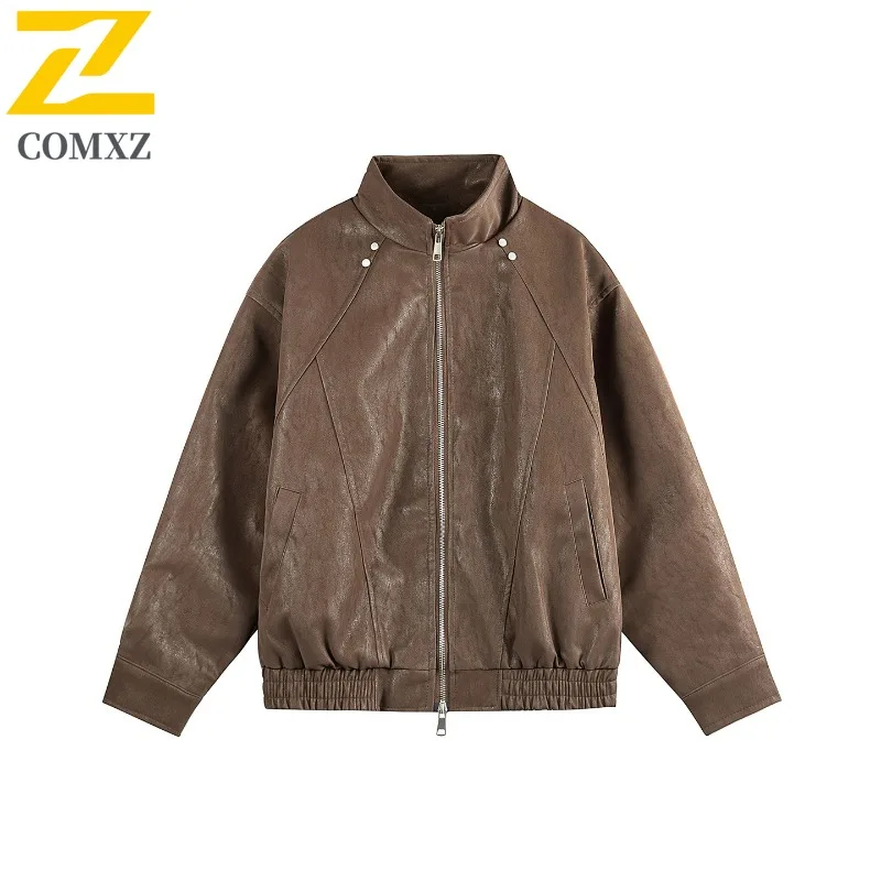 

COMXZ Мужская кожаная куртка, повседневная куртка с воротником-стойкой, легкие мотоциклетные куртки для кемпинга, уличное комфортное ветрозащитное осеннее пальто