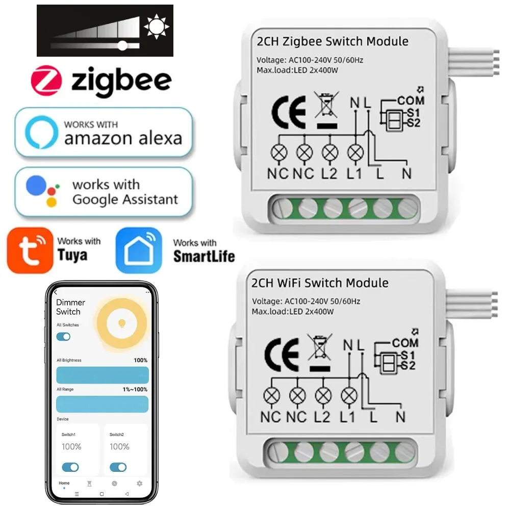 Tuya Smart ZigBee/Wifi Switch Module No Neutral Wire Required Smart Home DIY Light Breaker Works with Alexa Google Home