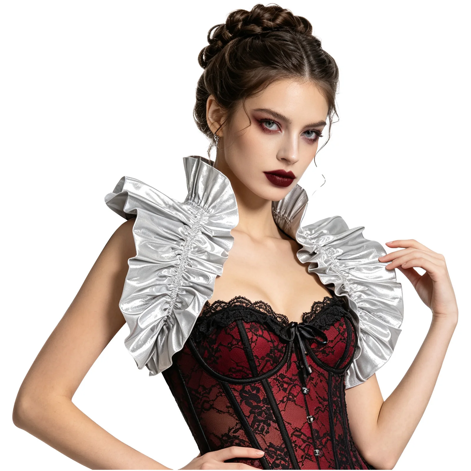 Women Holographic Iridescent Renaissance Shoulder Cape Ruffled Detachable Shrug Tie‑Back Victorian Carnival Costume Accessory