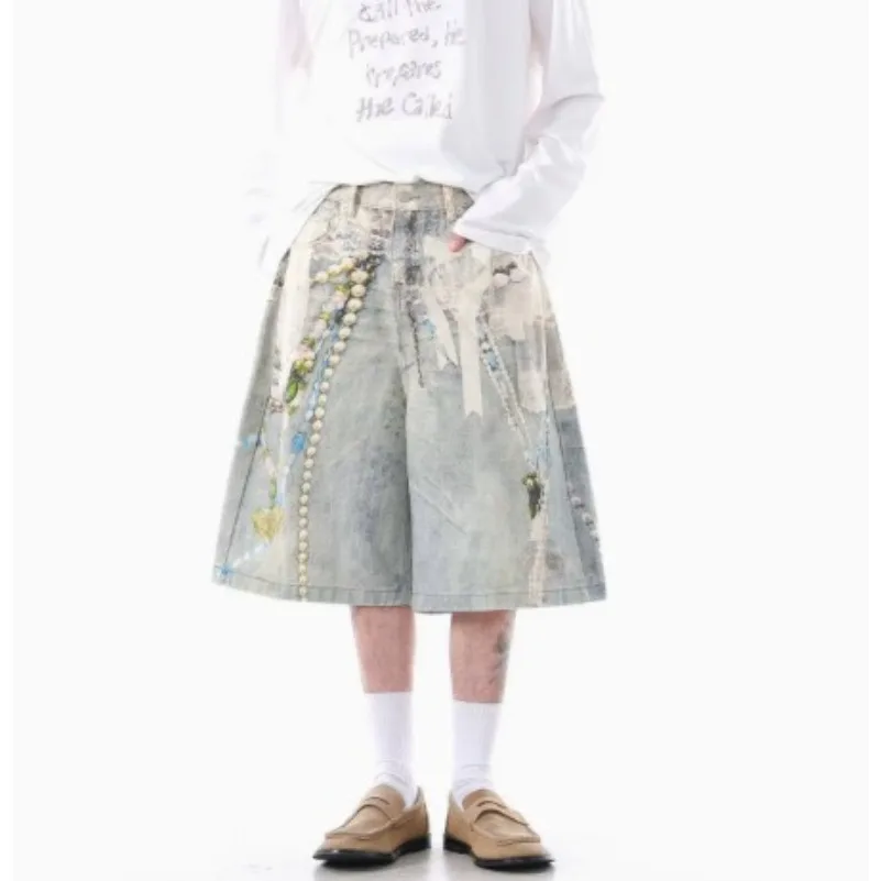 3D Candy Chain Print Baggy Jeans Shorts for Men Streetwear Summer Wide Leg Patchwork Casual Loose Knee Length Pants Oversized