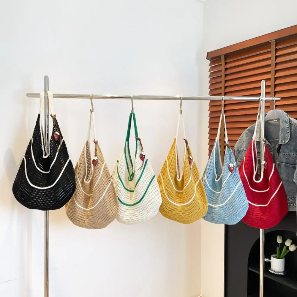 

Сплошная вязаная сумка на плечо контрастного цвета, большая вместительная вязаная крючком сумка, универсальная повседневная тканая сумка в корейском стиле