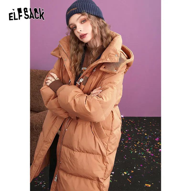 ELFSACK Vintage Orange Warm Down Coats Women 2023 Winter Loose Mid-length Casual Coats