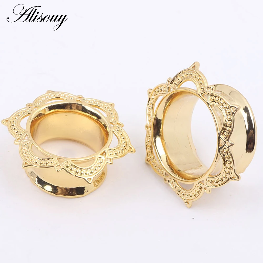 Alisouy 2 PCS Gold Color Plug & Tunnel Ear Jewelry Ornate Stainless Steel Body Piercing Jewelry Ear Expander Gauge 6 to 16 mm