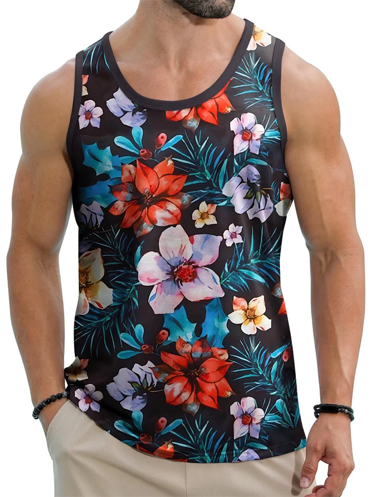 2024 New Summer Fashion Men\'s Sleeveless T-Shirt Classic Hawaiian Beach Coconut Print Men\'s Vest Extreme Sports Surf Vest