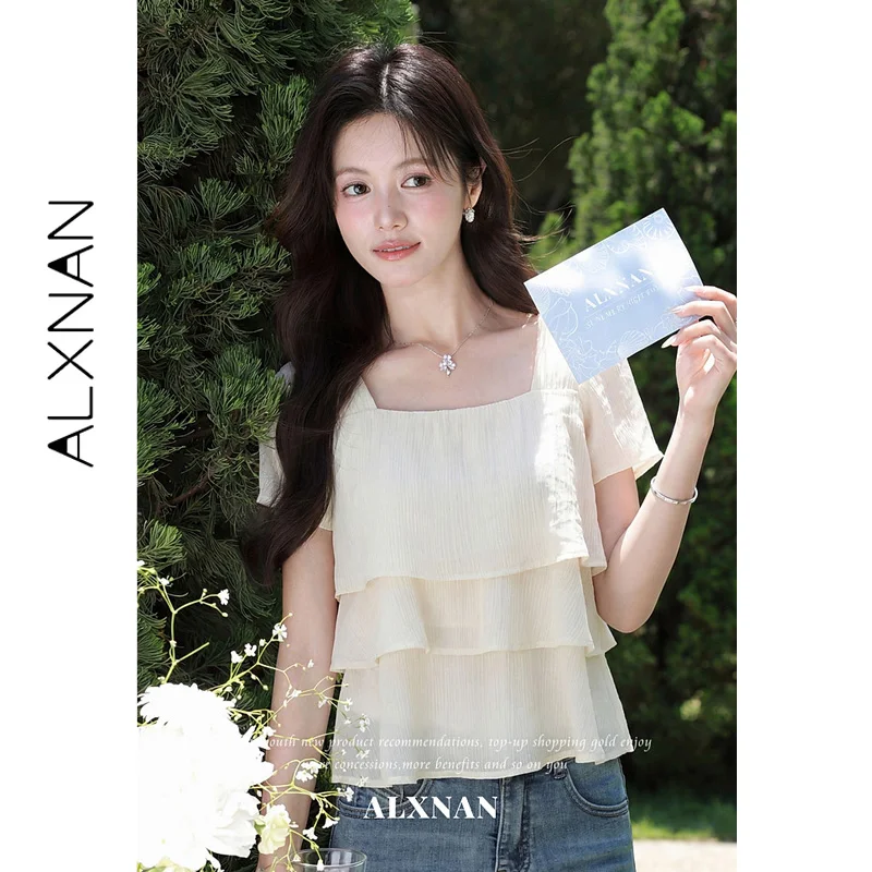 ALXNAN Apricot Short Sleeve T-shirt Square Neck Triple Layer Ruffles Irregular Hem Tees Elegant Loose-fit Ladies Tops L67273A