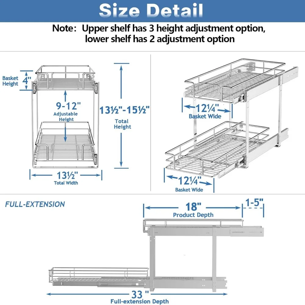 أدراج منزلقة شديدة التحمل للخزائن - 13.5 عريضة × 18 عميقة، منظم سحب من طبقتين لحلول تخزين المطبخ