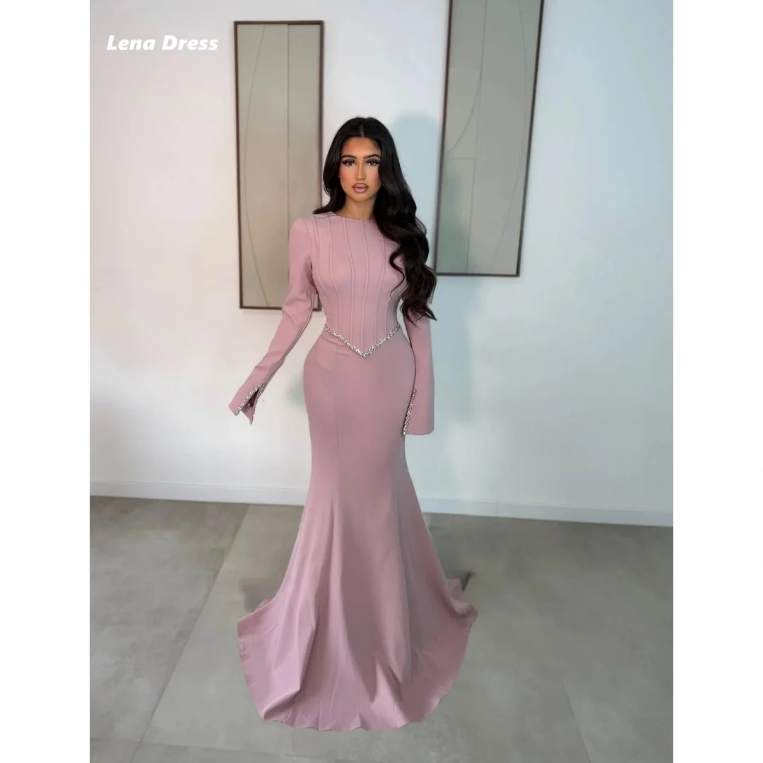 

Lena Round Neck Evening Dresses Woman Elegant Dresses for Special Event Ball Gown Dress Long Sleeves Customized Rhinestones Prom