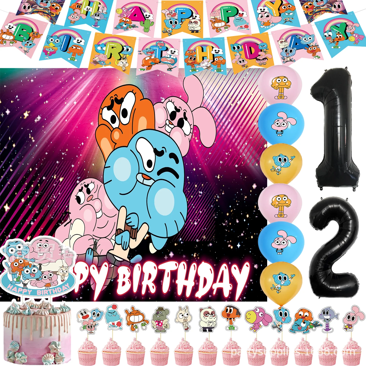 Comedy & Gumballed Theme Mädchen Geburtstag Party Supplies Ballon Cupcake Topper Banner Haustier Katze Kaninchen Hintergründe Baby Shower Requisiten