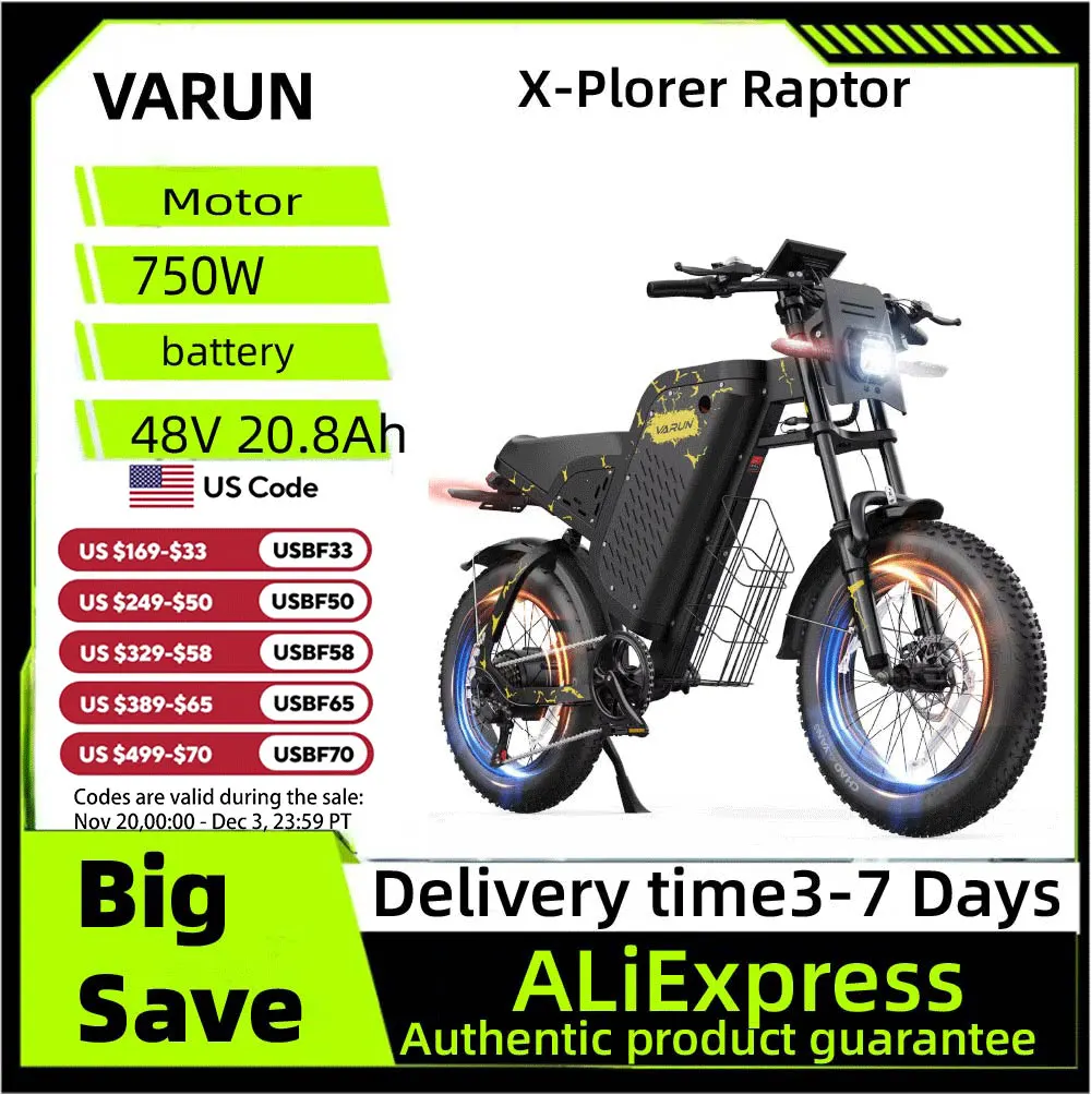 

VARUN X-Plorer Raptor Adult E-bike,750W Motor Man's 48V20.8AH Battery Electric Bike 20 Inch Tire All-Terrain Electric Bicycle