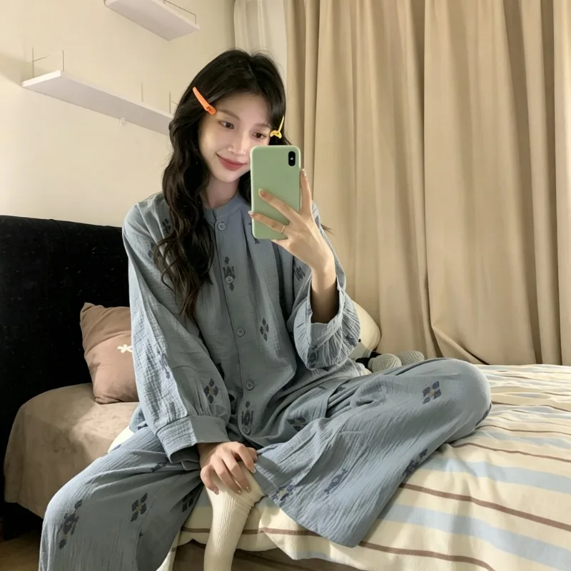 Women Autumn Pajama Set Simple Diamond Print Button Up Casual Home Loungewear Soft Breathable Sleep Outfit For Indoor Daily Wear