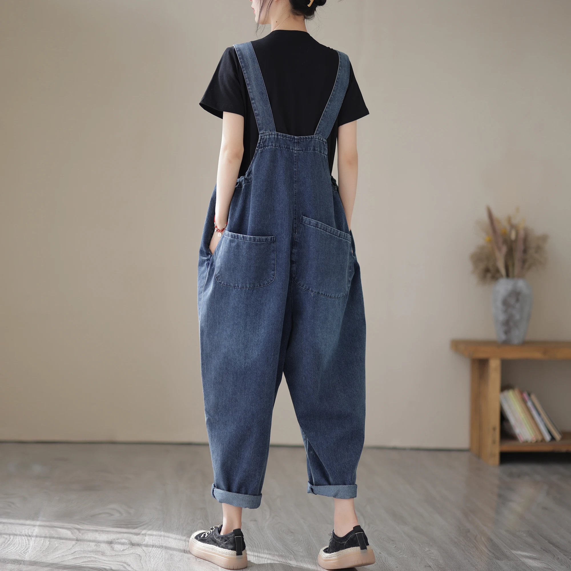 Overall Denim Longgar Modis Wanita Musim Semi Musim Panas Celana Tujuh Inci Pinggang Tinggi Gaya Korea Pengurang Usia Ukuran Kecil
