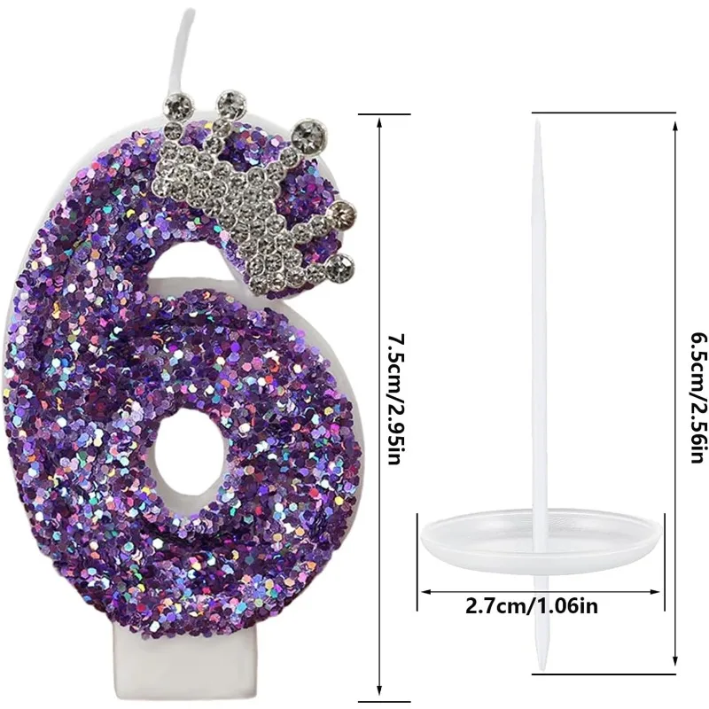 Purple Crown With Sequins Birthday Candles for Cake,Number 0-9 Candle Cake Topper For Women Birthday Celebrations Supplies