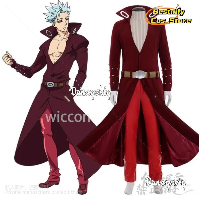 CosplayAnime, disfraz de los siete pecados capitales, disfraz de Ban Fox's Sin Of Greed, abrigo largo rojo con escote en V profundo, pantalones, uniforme Punk Y2K, traje de pelucas