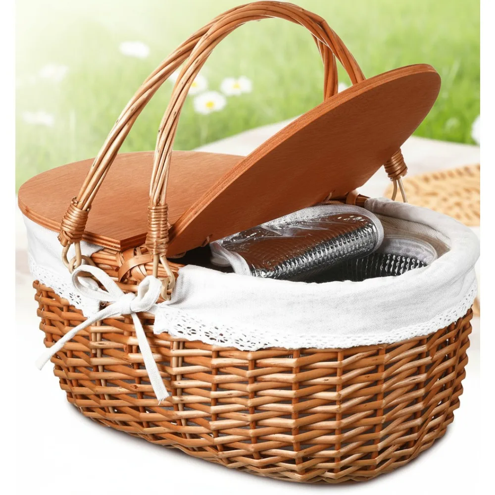 

Insulated Wicker Picnic Basket with Cooler Bag - Portable Outdoor Camping Gift for Valentine Easter Birthday