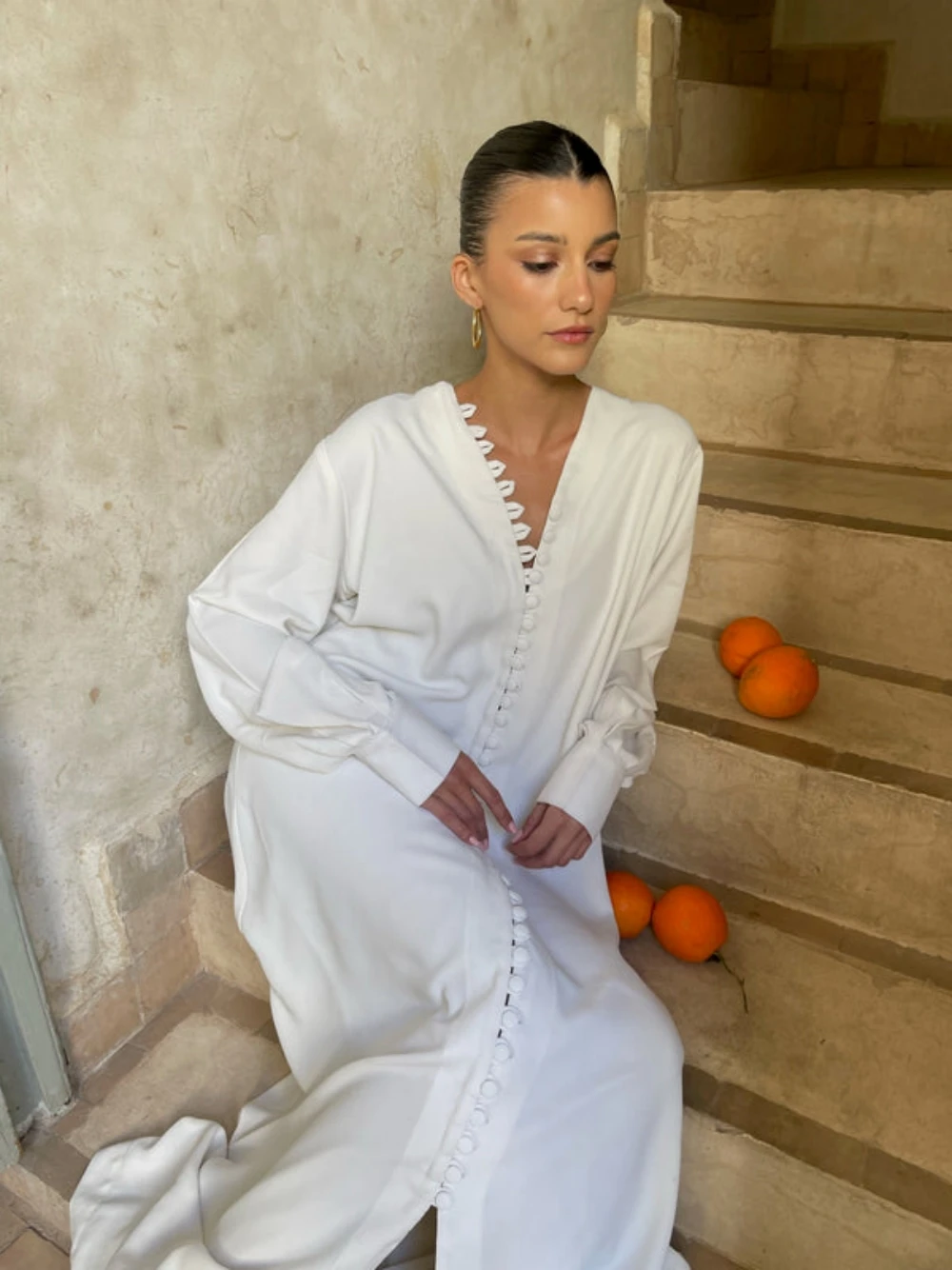 White Round Buttons Evening Dress Simple A-line Bridal Caftan Dresses Kaftan V-neck Gown For Wedding Customized Vestidos De Gala