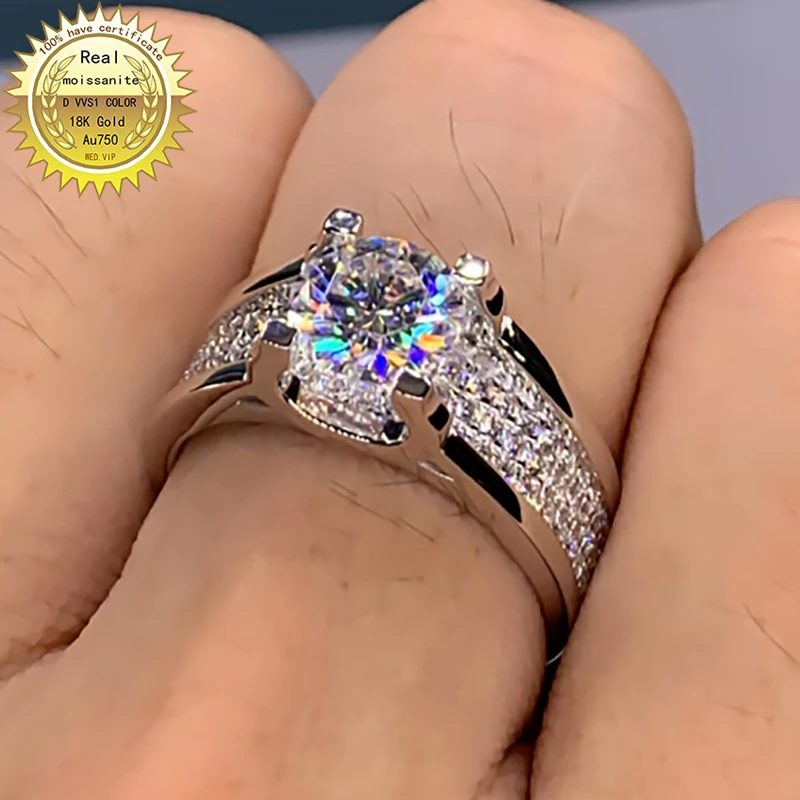 

Solid 9K Au375 White Gold Men Ring DVVS1 Moissanite Diamonds 2Carat Round Wedding Party Engagement Anniversary Ring