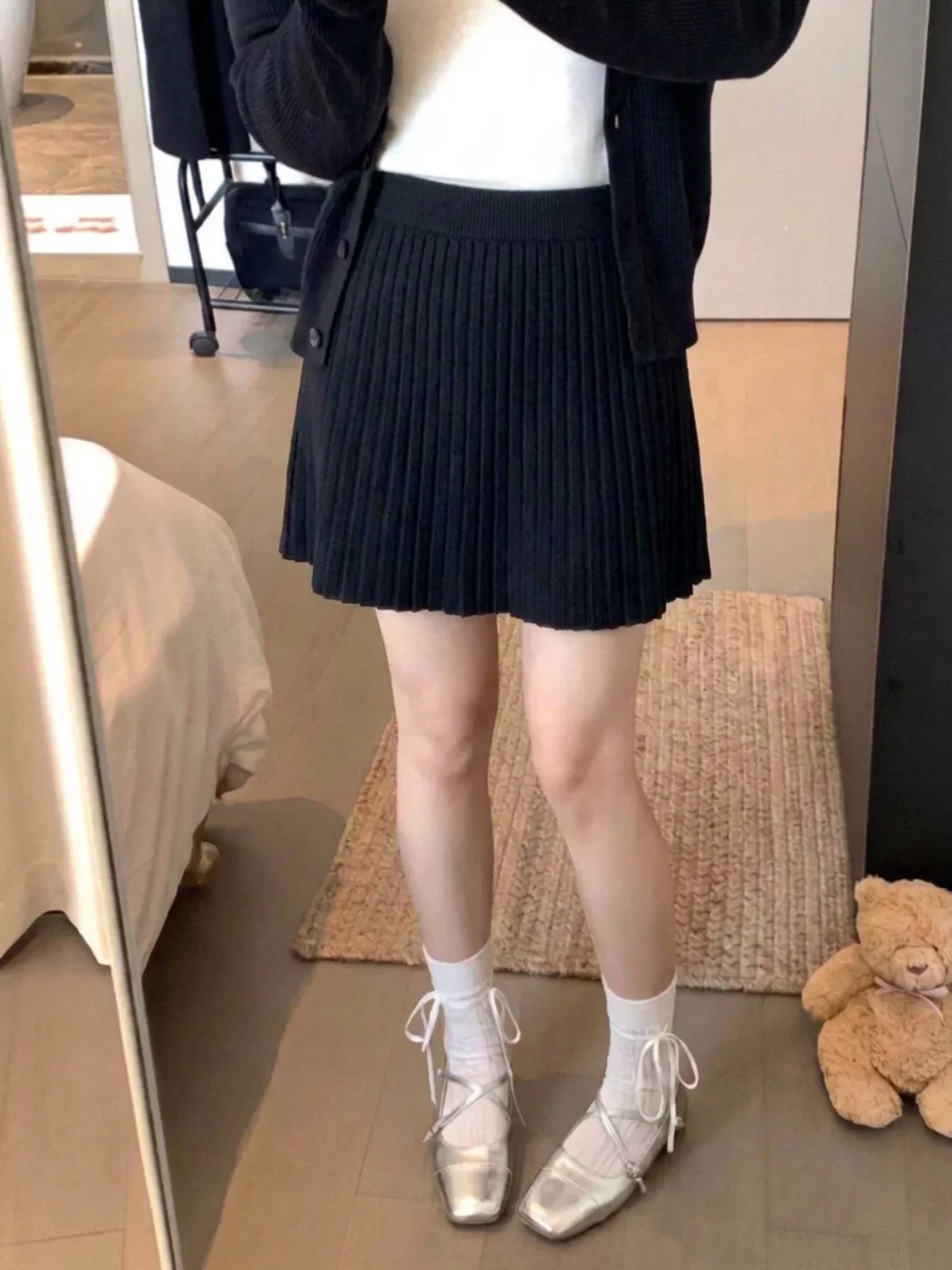 Black Knitted Pleated  Skirt Women's Outerwear Autumn Winter High Waist Slim Fit Elastic Waist A-Line Half-length Skirt