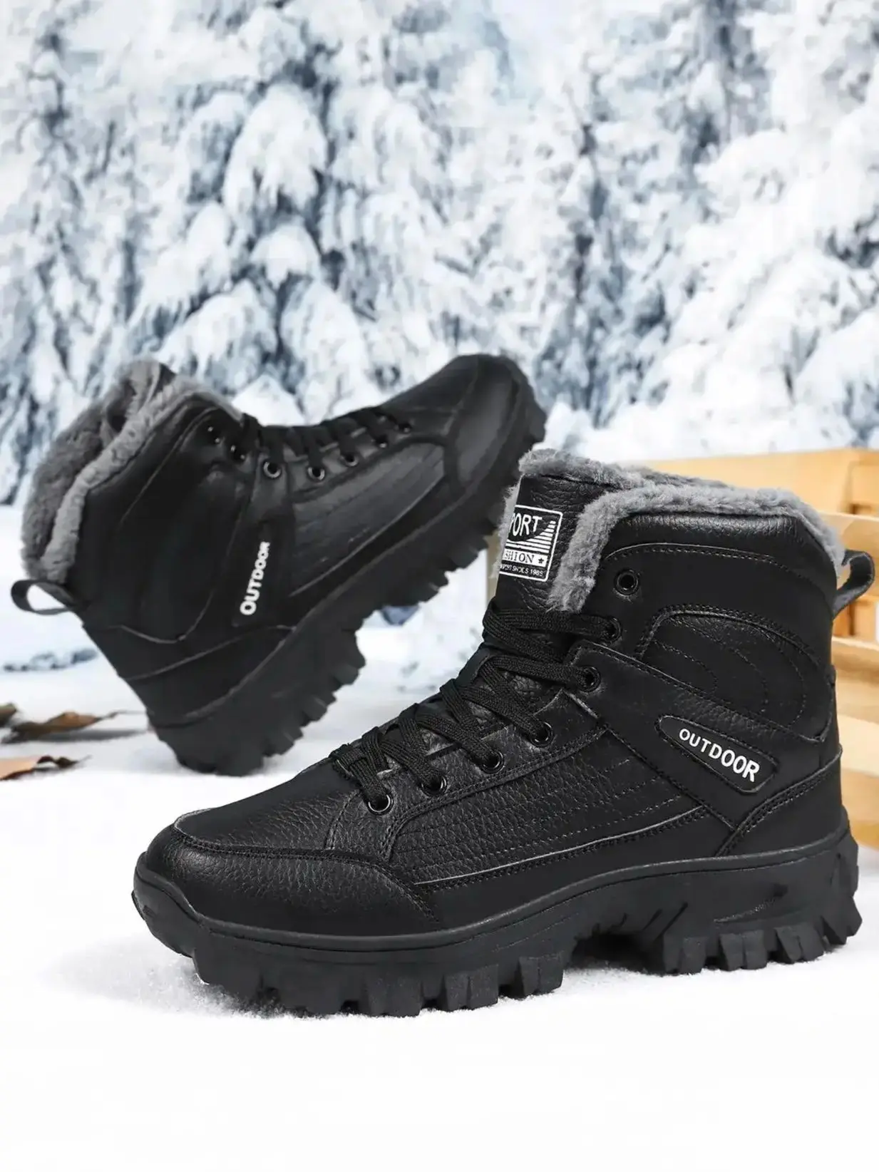 

Winter Men's New Leather High Top Big Size Cotton Boot Thick Sole Non Slip Waterproof Plush Warm Snow Boot Outdoor Climbing Boot