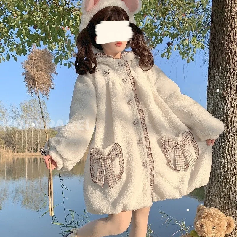 Japanese Sweet Lolita Girl Coat Kawaii Hooded Outwear Cute Bow Pocket Soft Fur Ruffle Bud Outerweat Loose Single-breasted Jacket