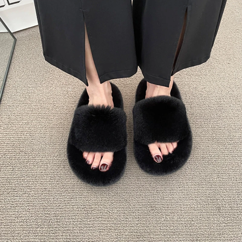 العصرية شعر النعال للنساء 2024 الخريف الشتاء جمع أفخم سميكة القاع المنزل كسول كلمة واحدة نعال من القطن للخارجية