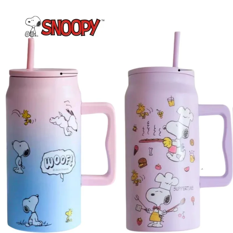 

Новый термос Snoopy, большая емкость, соломенная чашка для воды, женский высококачественный чайник, студенческая портативная чашка из нержавеющей стали 304, аниме