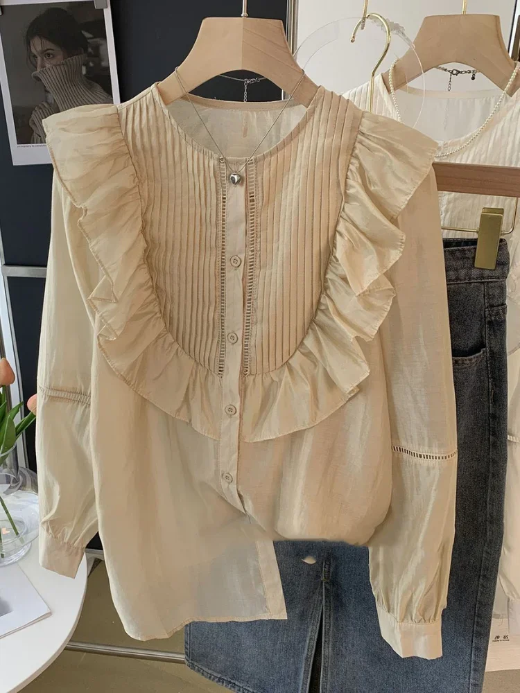 Blouse for Women Pleated Ruffled White Shirts 2024 Blusas Mujer De Moda O-neck Long Sleeve Sweet Tops Summer Thin Blouses
