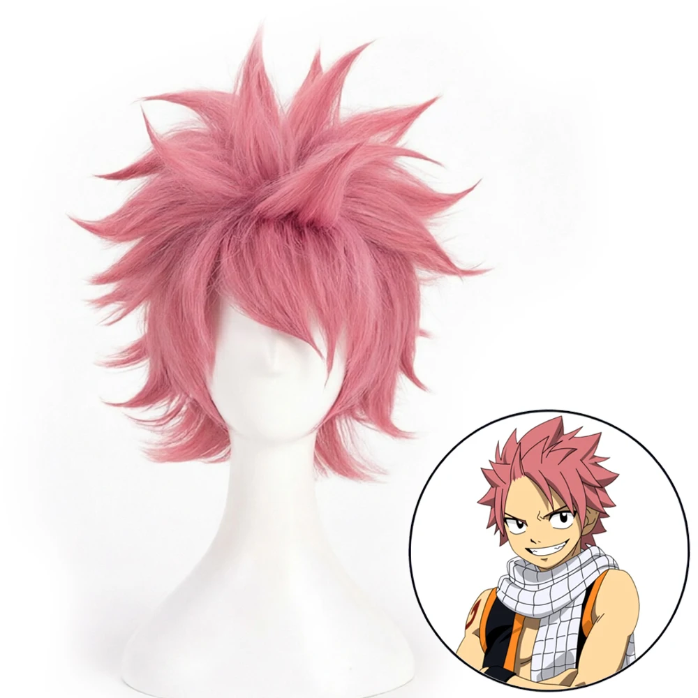 Anime Fairy Tail Cosplay Etherious Natsu Dragneel Wig Unisex Pink Short Spiky Layered Synthetic Hair Basic for New Cosplayers