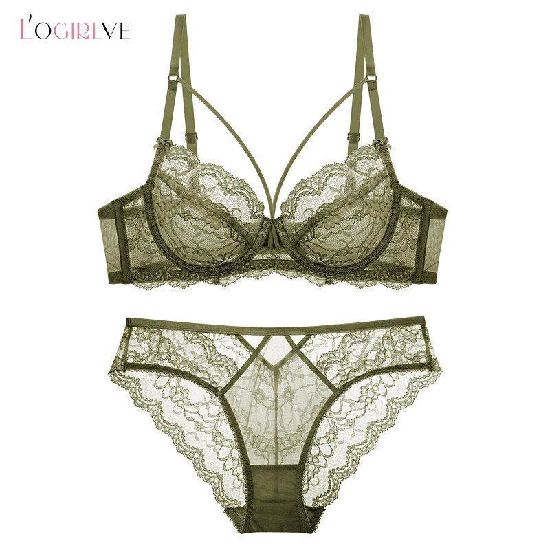 Logirlve Bra and Panty Sets Ultrathin Brassiere Sexy Underwear Set Transparent Bras Plus Size Women Lace Lingerie Set Embroidery