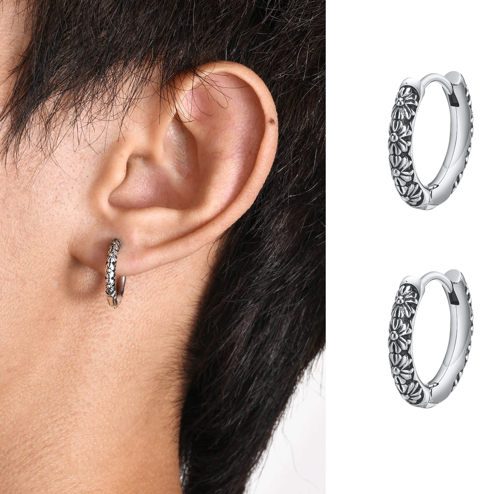 

Men's Stylish Hoop Earrings, Waterproof Stainless Steel Round Huggie Hoops Vintage Gothic Ear Gifts for Him Jewelry