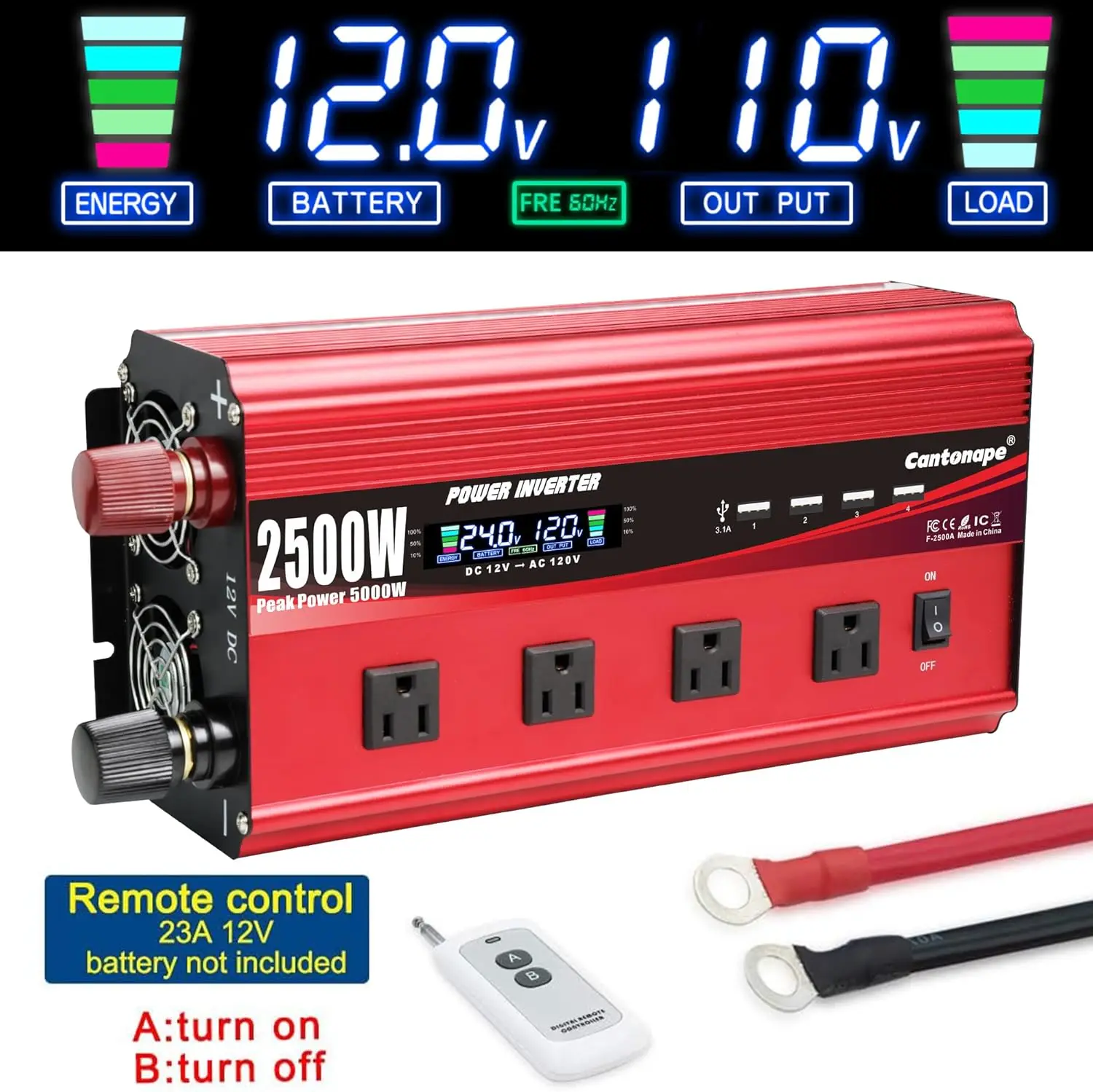 เครื่องแปลงไฟ2500W 24V ถึง110V DC ไปยัง AC พร้อมรีโมทคอนโทรลจอแสดงผล LCD ช่องเสียบ AC 4ช่องและอะแดปเตอร์ USB ในรถ4 3.1A