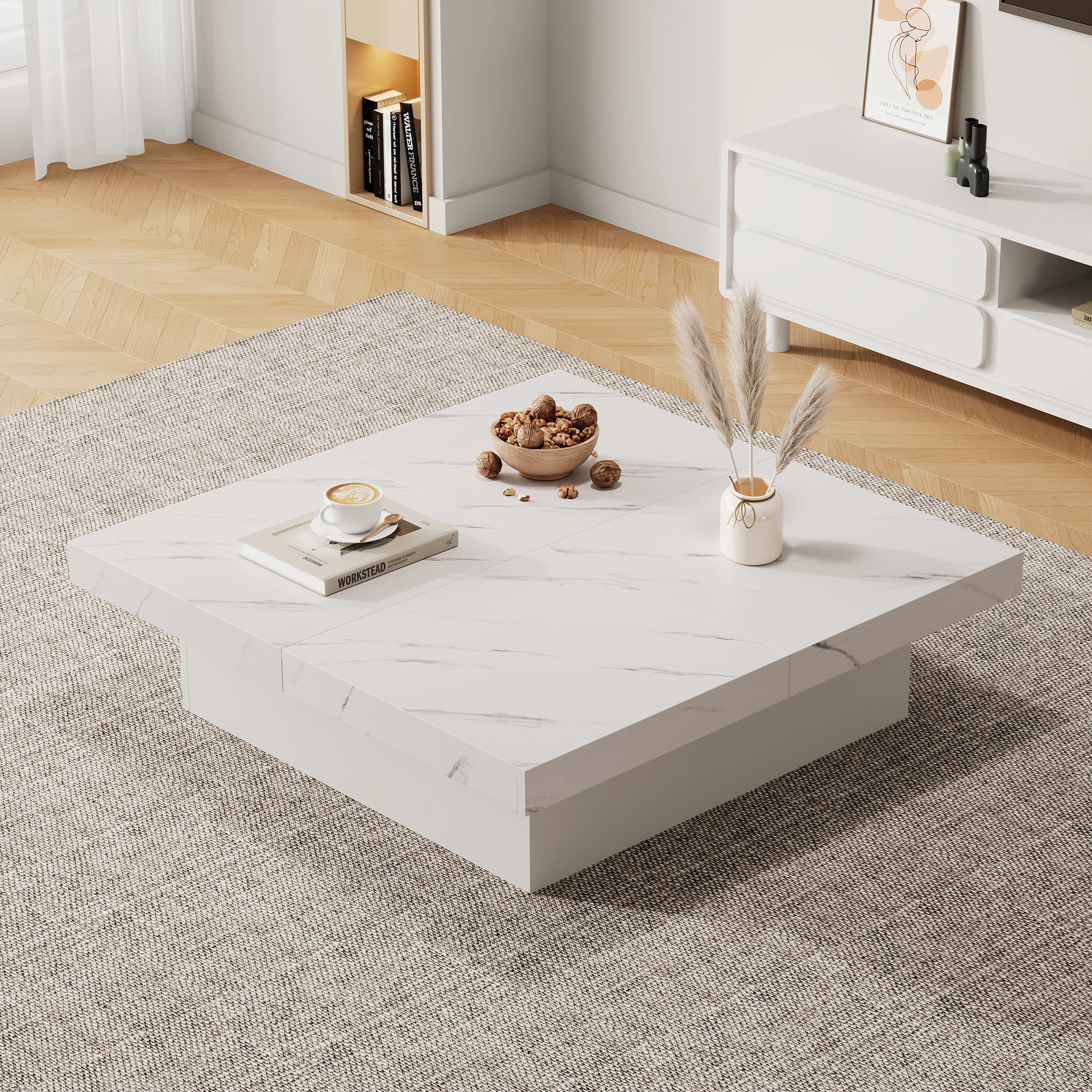 Modern White Square coffee table table with Marble Optics, 90x90x25 cm-Four Drawers, Spread Tabletop