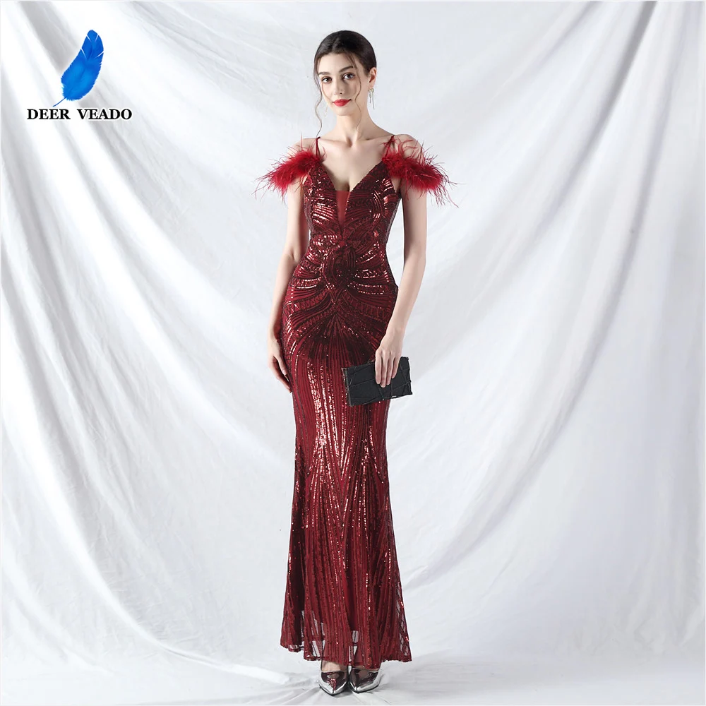 

DEERVEADO Mermaid Sequins Evening Dress for Woman Elegant Bodycon Formal Occasion Dress Prom Party Dresses with Feathers