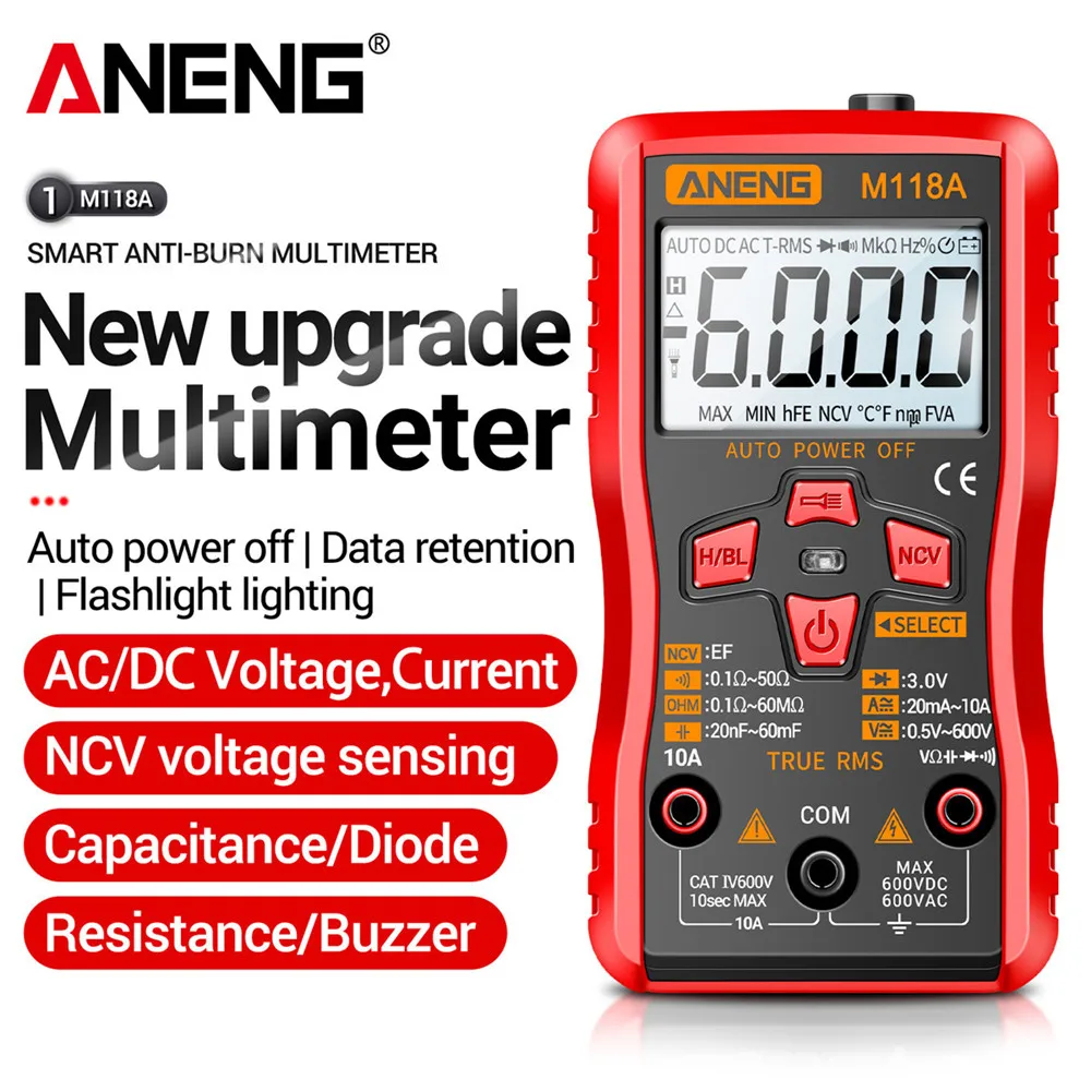 ANENG M118A Digital Mini Multimeter Tester Auto Mmultimetro True Rms Tranistor Meter with NCV Data Hold 6000counts Flashlight