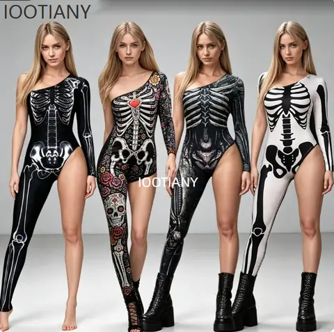 Gothic Halloween Skeleton Print Bodysuit Women One Shoulder Single Long Sleeve Asymmetrical Skinny Jumpsuit Stage Rave Outfit