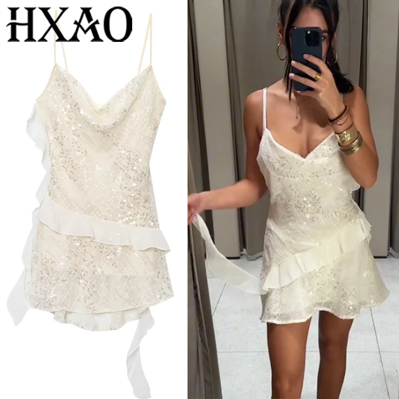 HXAO Ärmelloses Paillettenkleid Frau Shinny Slip Partykleider Sommer Fee Rüschen Minikleid Rückenfrei Sexy Kurzes Abendkleid
