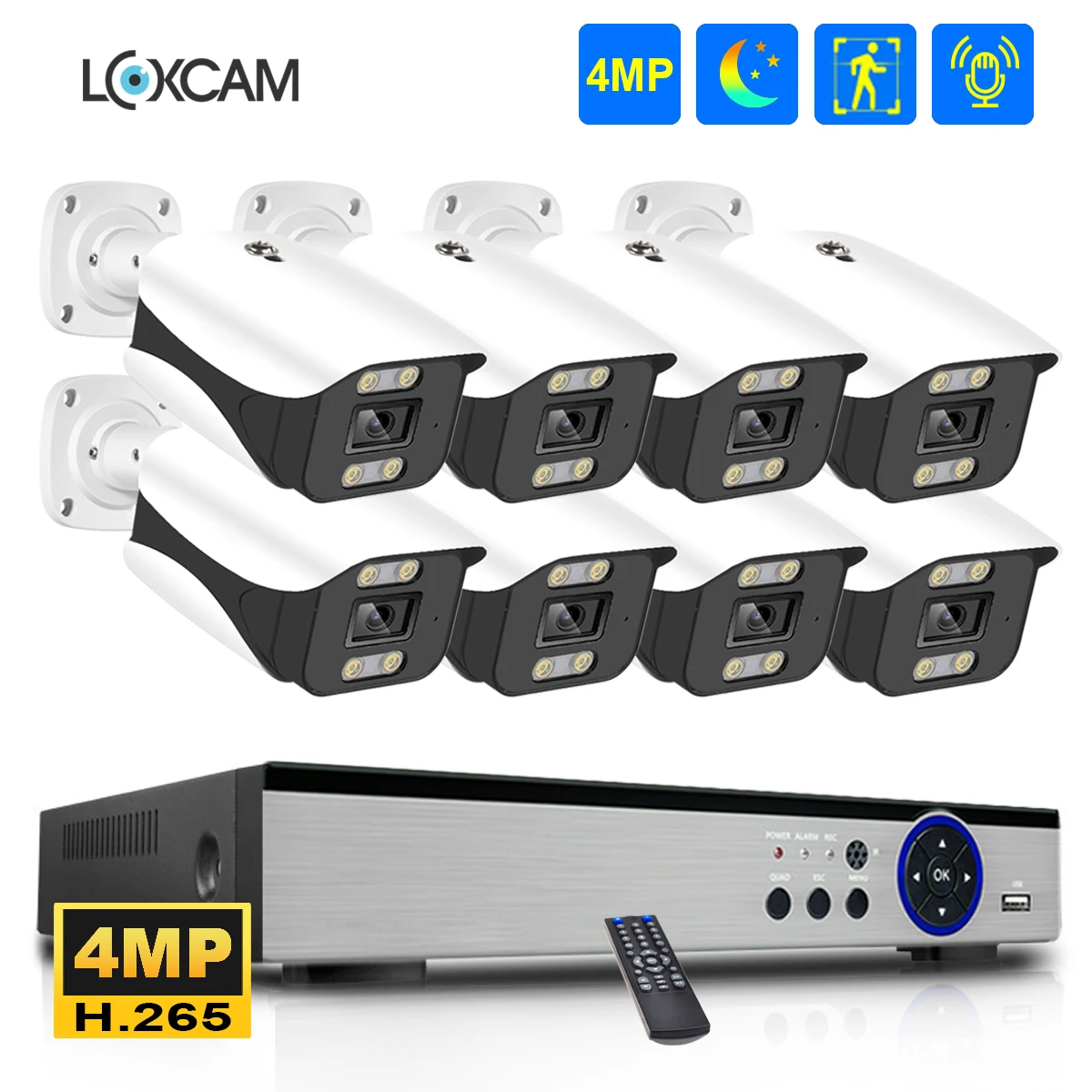 Sistema di telecamere di sicurezza CCTV H.265 8CH 2K 4MP POE NVR Kit Ai rilevamento umano Set di videosorveglianza per visione notturna a colori all'aperto